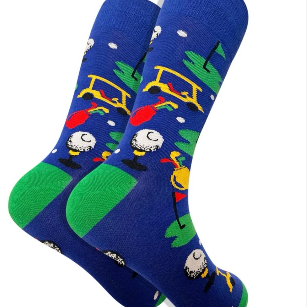 Men's Blue Golf Novelty Crew Socks with Green Accents